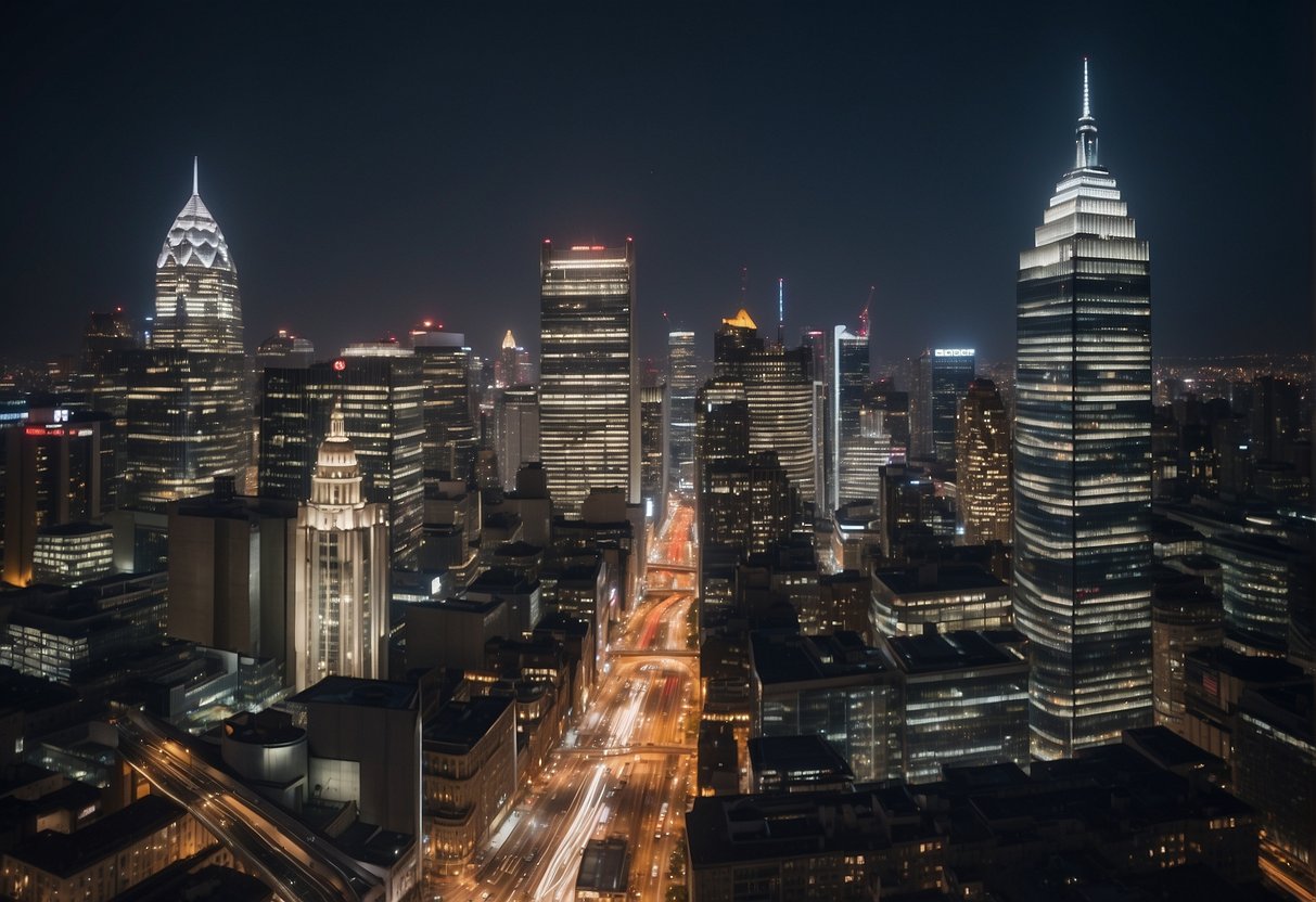 A bustling city skyline with the iconic HSBC building prominently featured, surrounded by vibrant businesses and financial districts