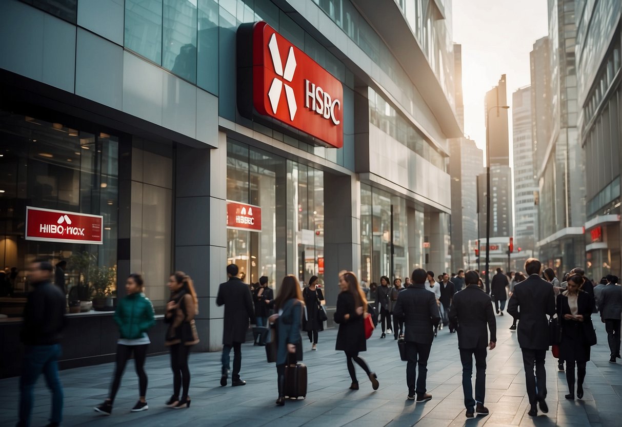 A bustling city street with a prominent HSBC branch, featuring promotional banners and a queue of customers