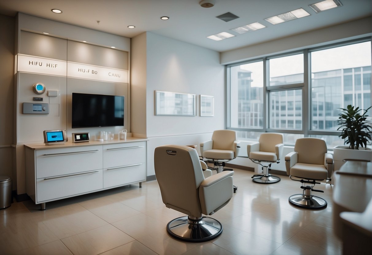 A bright and modern clinic setting with HIFU promotional materials displayed prominently