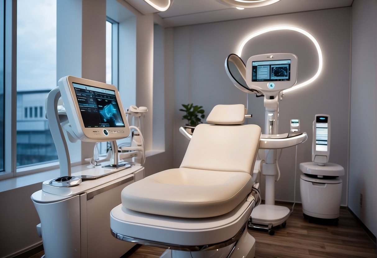 The scene depicts a modern skincare clinic with advanced equipment for skin tightening treatments. Bright lights illuminate the sleek machines, showcasing the latest innovations in the industry