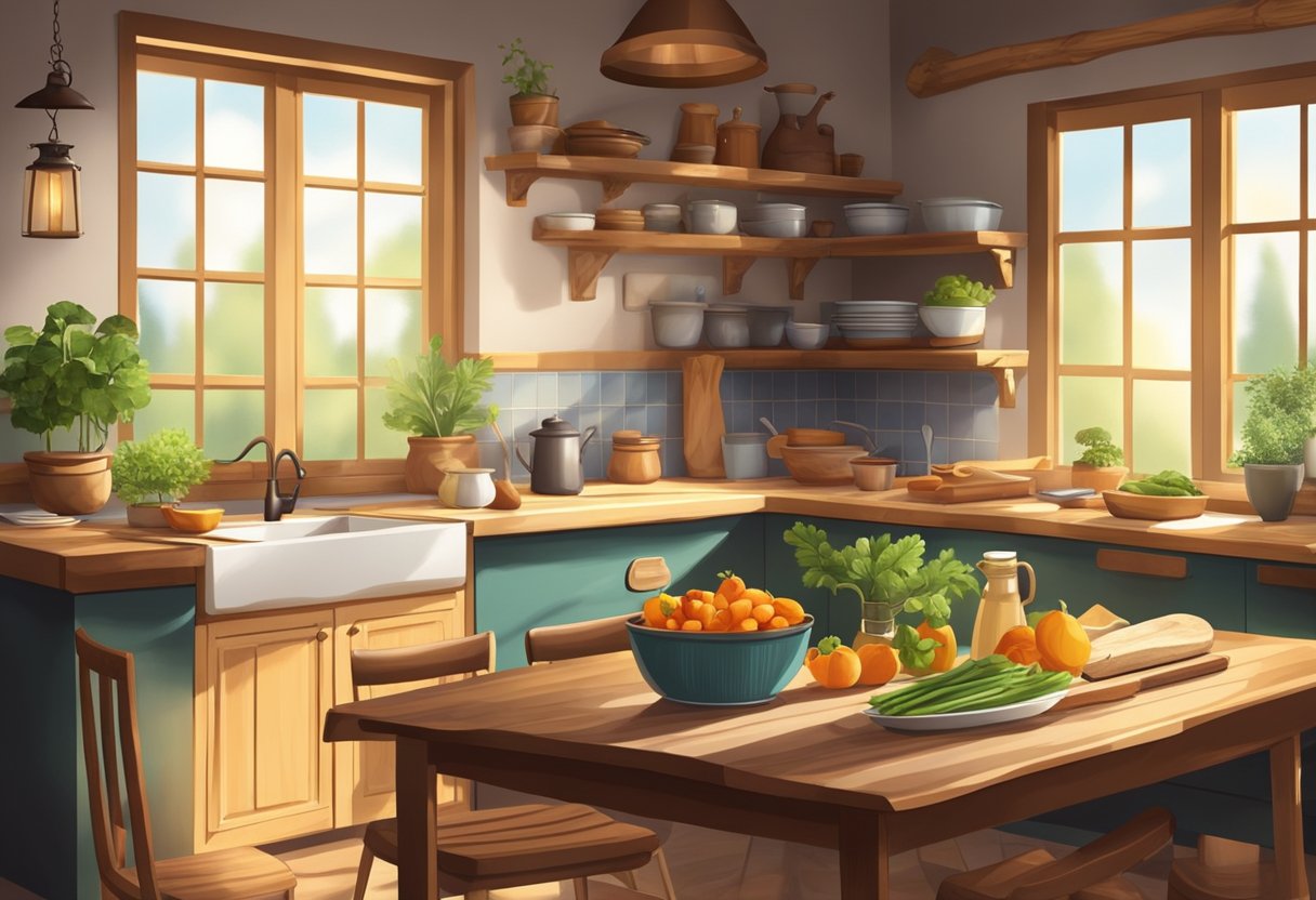 A cozy kitchen with a rustic wooden table, filled with fresh ingredients and cooking utensils. A warm, inviting atmosphere with natural light streaming in