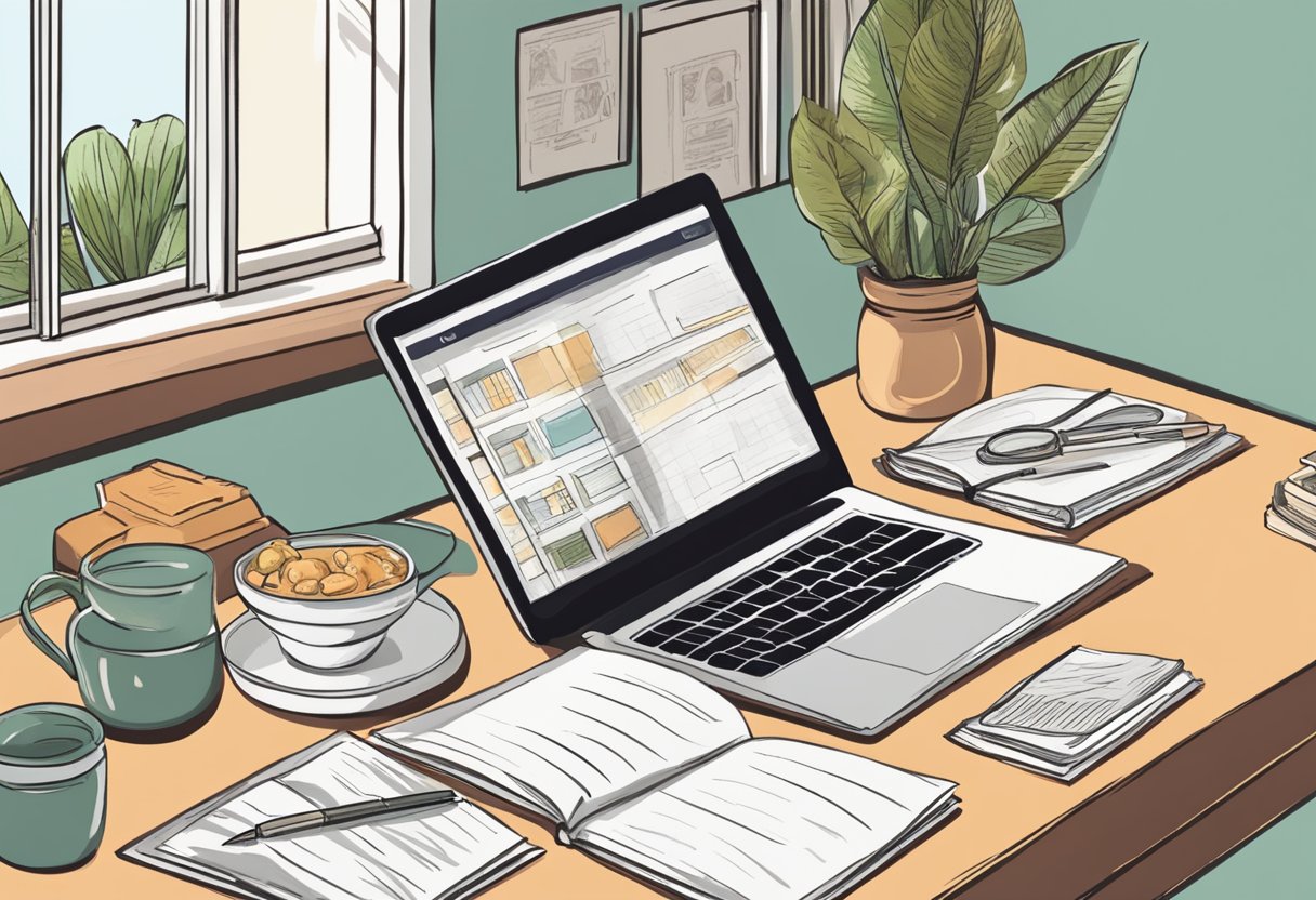 A cozy home office with a laptop, cookbook, and kitchen utensils. A woman's hand reaches for a pen to jot down recipe ideas