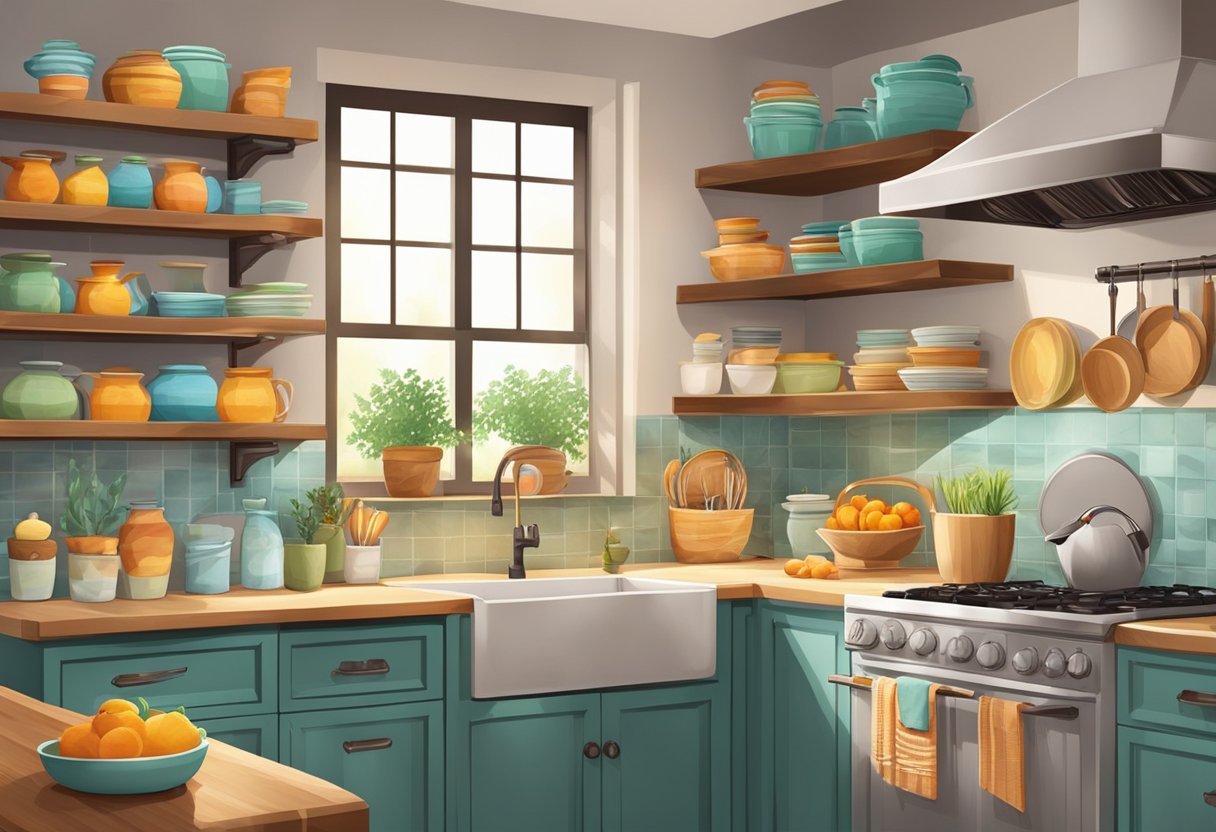 A cozy kitchen with colorful handmade crafts and personalized products displayed on shelves and countertops. A woman's touch is evident in the warm and inviting atmosphere