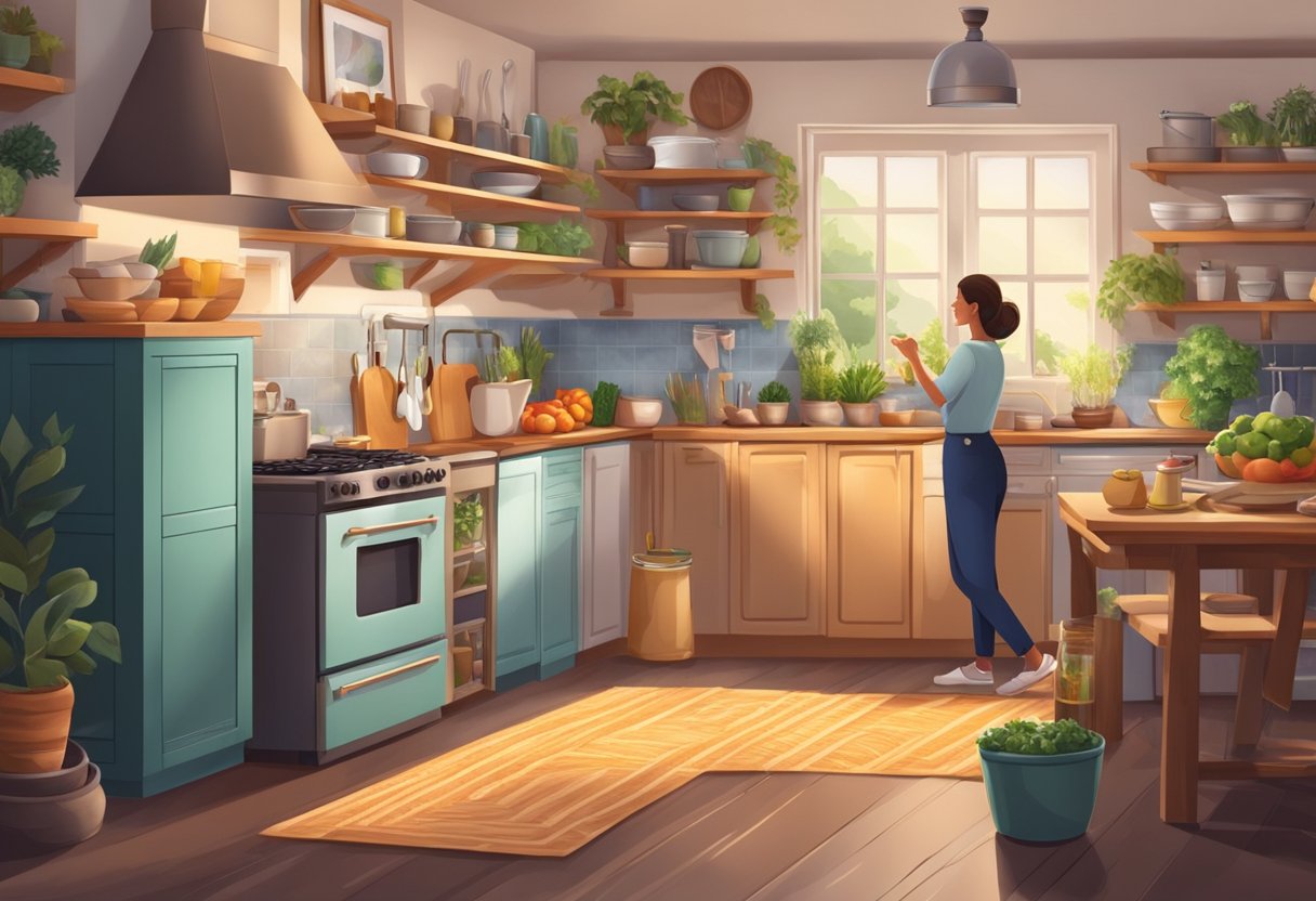 A cozy home kitchen with a woman's touch, featuring a well-stocked pantry, cooking utensils, and a welcoming workspace for creating delicious meals