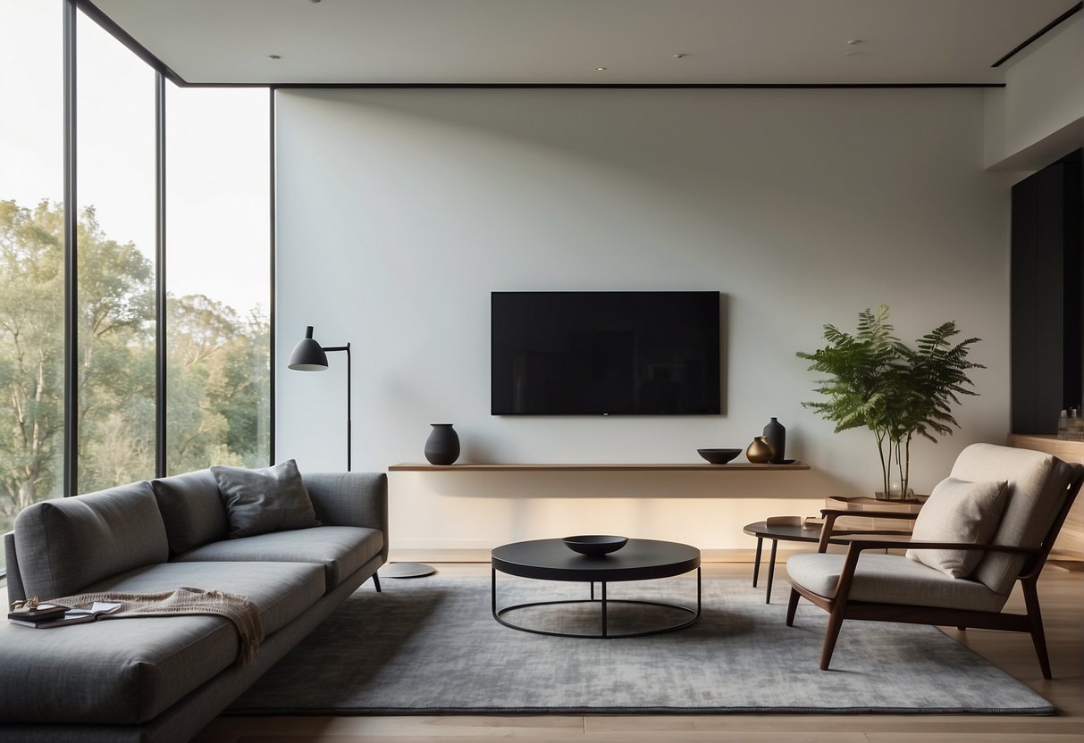 A sleek, minimalist living room with a large flat-screen TV, a comfortable sofa, and a stylish coffee table. Bright, natural light streams in through the floor-to-ceiling windows, illuminating the modern decor