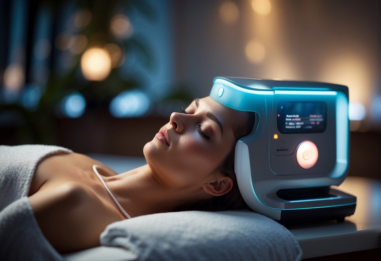 Precision HIFU machine targeting facial features, emitting focused ultrasound waves. Surrounding ambiance of a serene spa environment with soft lighting and soothing background music