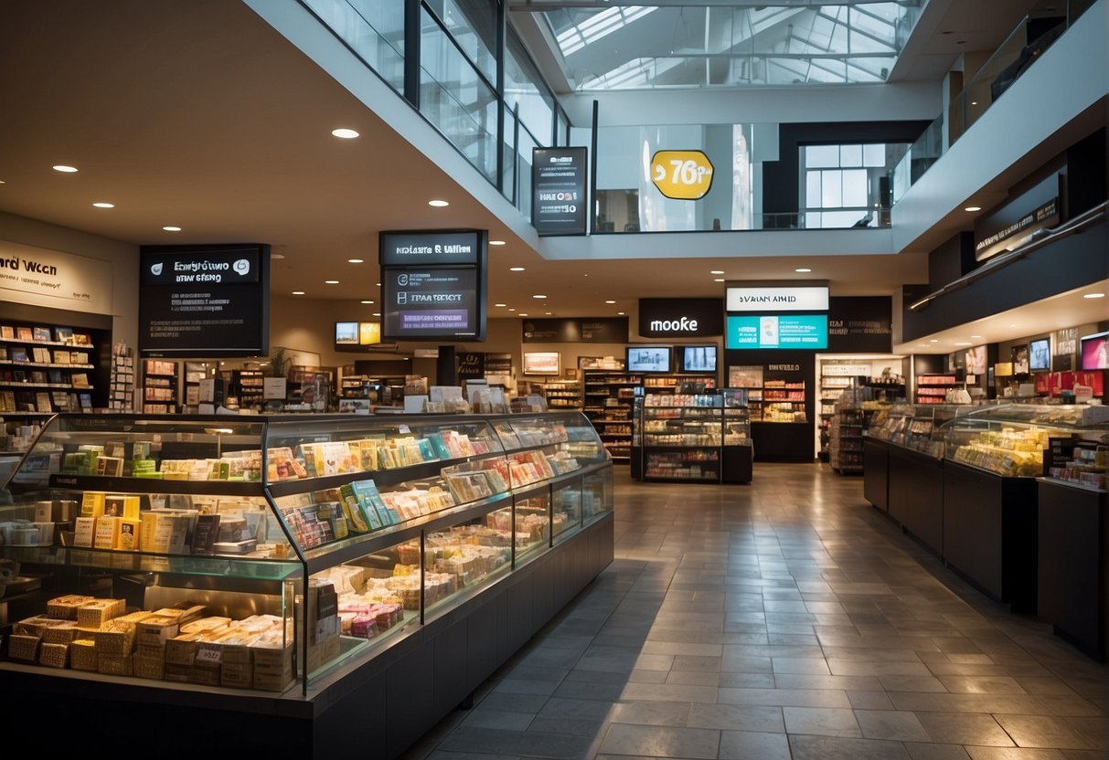 A bustling store with bright promotional signs, customers browsing, and staff assisting. Displays feature various products and a prominent FAQ section