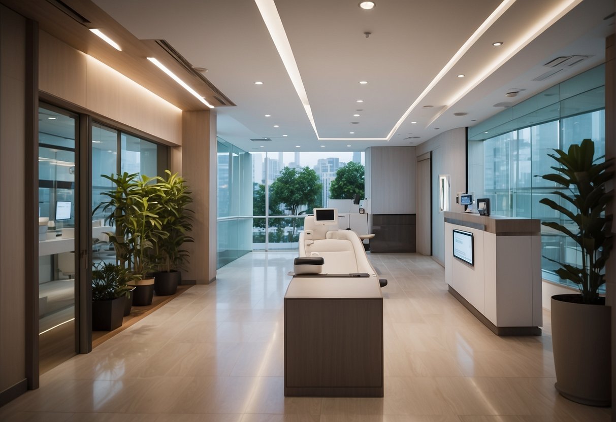 A bright, modern clinic setting with a prominent "Frequently Asked Questions" sign and promotional materials for HIFU treatments in Singapore