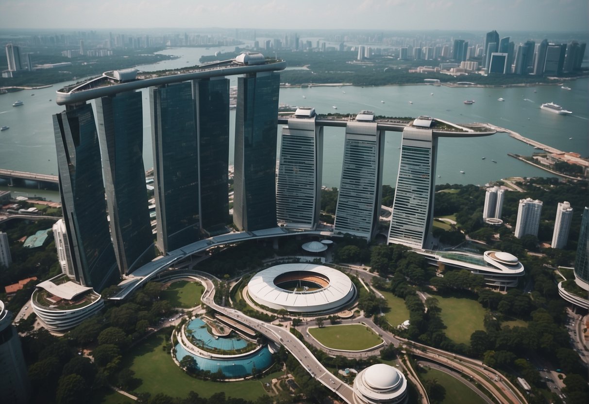An aerial view of Singapore's iconic landmarks, with the city's skyline and vibrant streets bustling with activity