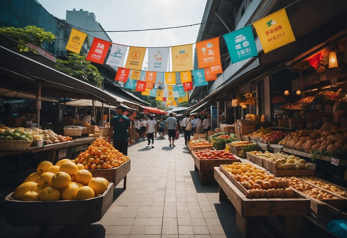 An outdoor street market in Singapore with colorful banners and signs promoting various products and services