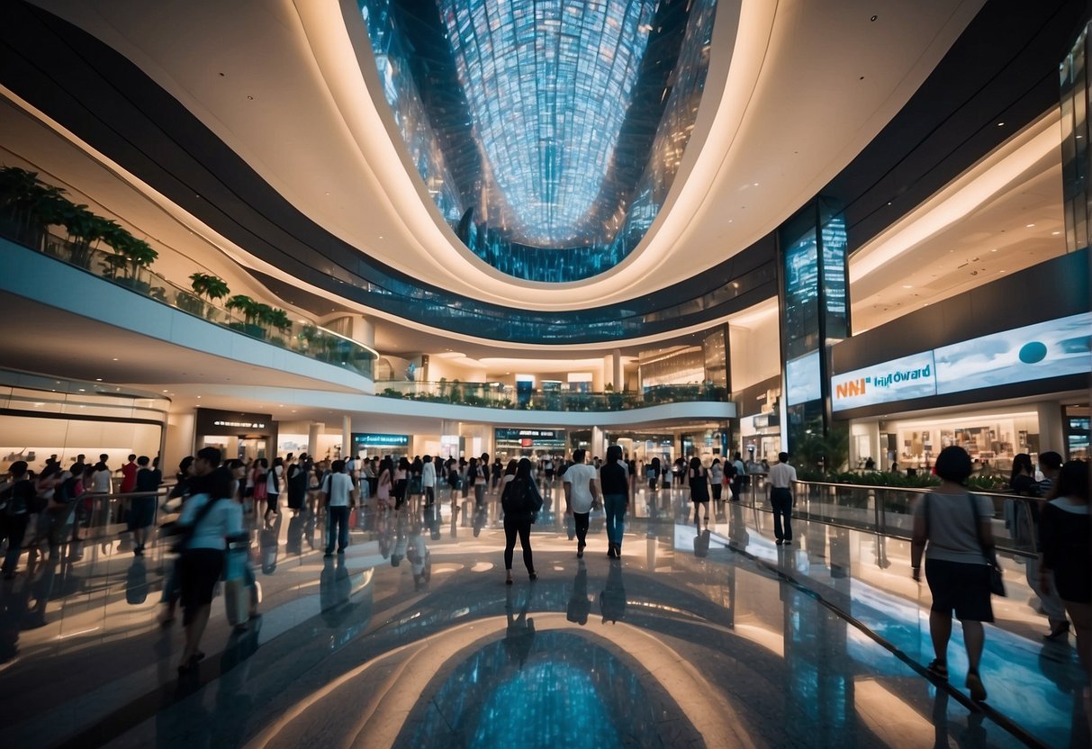 Ion Orchard's 2024 promotions: A sleek, futuristic setting with bright digital displays, elegant product showcases, and a bustling crowd of shoppers