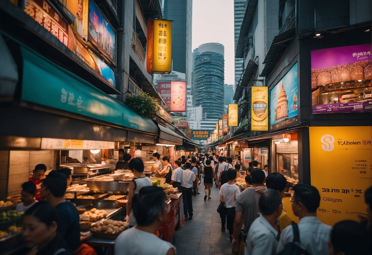 A bustling city street lined with colorful signs and bustling with people, showcasing the latest promotions at Singapore's top eateries