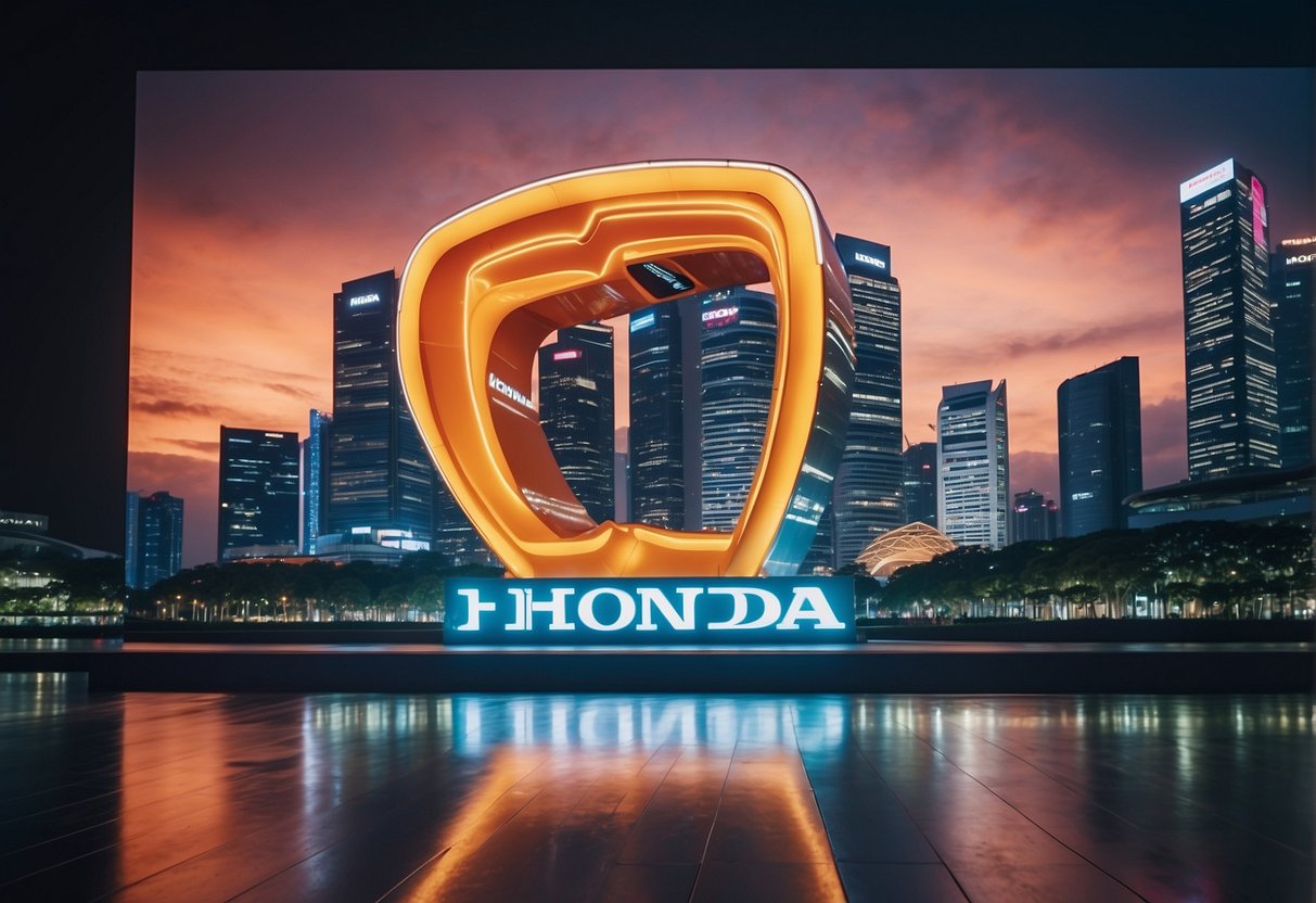 A vibrant cityscape with a prominent Honda promotion displayed on a large digital billboard in the heart of Singapore