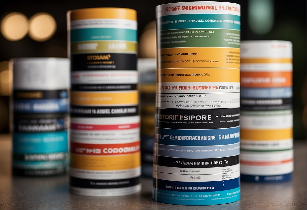 A stack of promotional flyers with terms and conditions printed on them, surrounded by various marketing materials and a prominent "Singapore" label