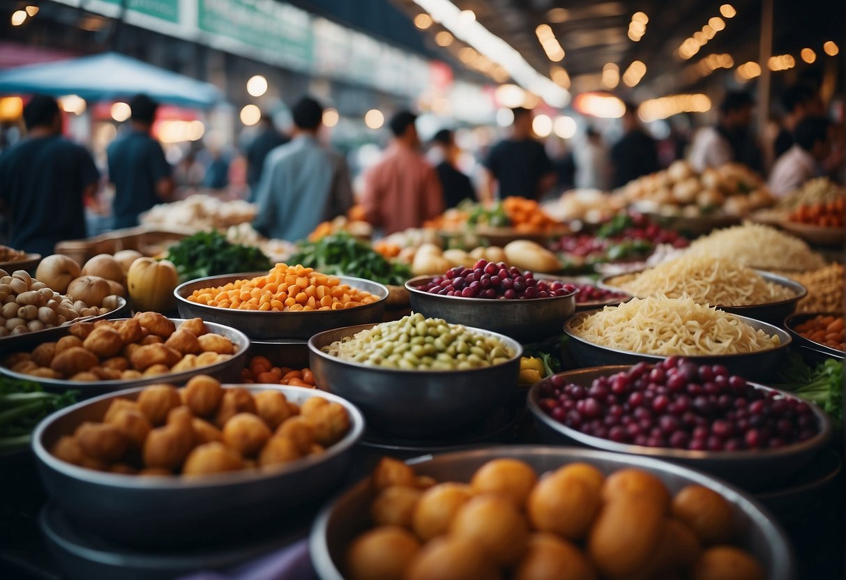 A bustling food market with colorful stalls and aromatic dishes, surrounded by eager customers and vibrant banners