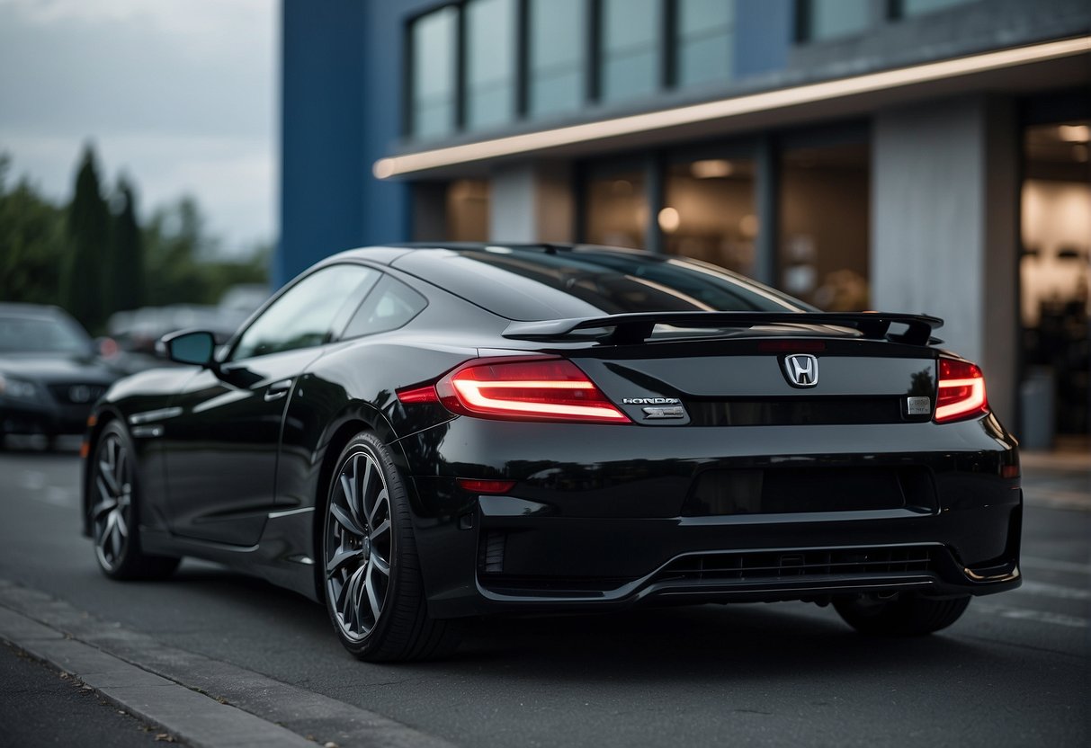 A sleek Honda car parked in front of a dealership, with a large promotional banner displayed. Bright lights and a bustling atmosphere suggest a popular event