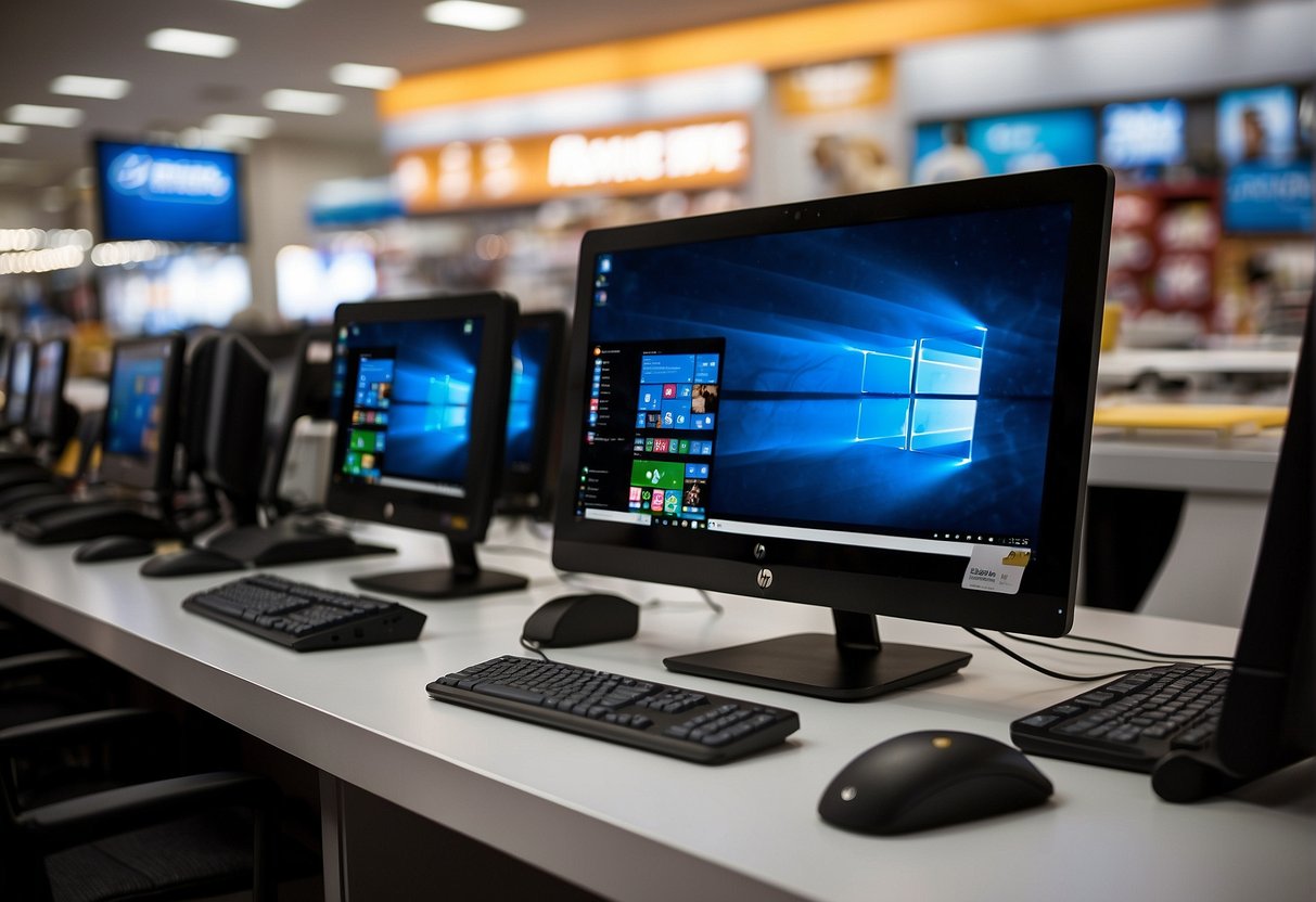 A sleek HP desktop computer displayed with promotional signage in a bustling Singapore electronics store