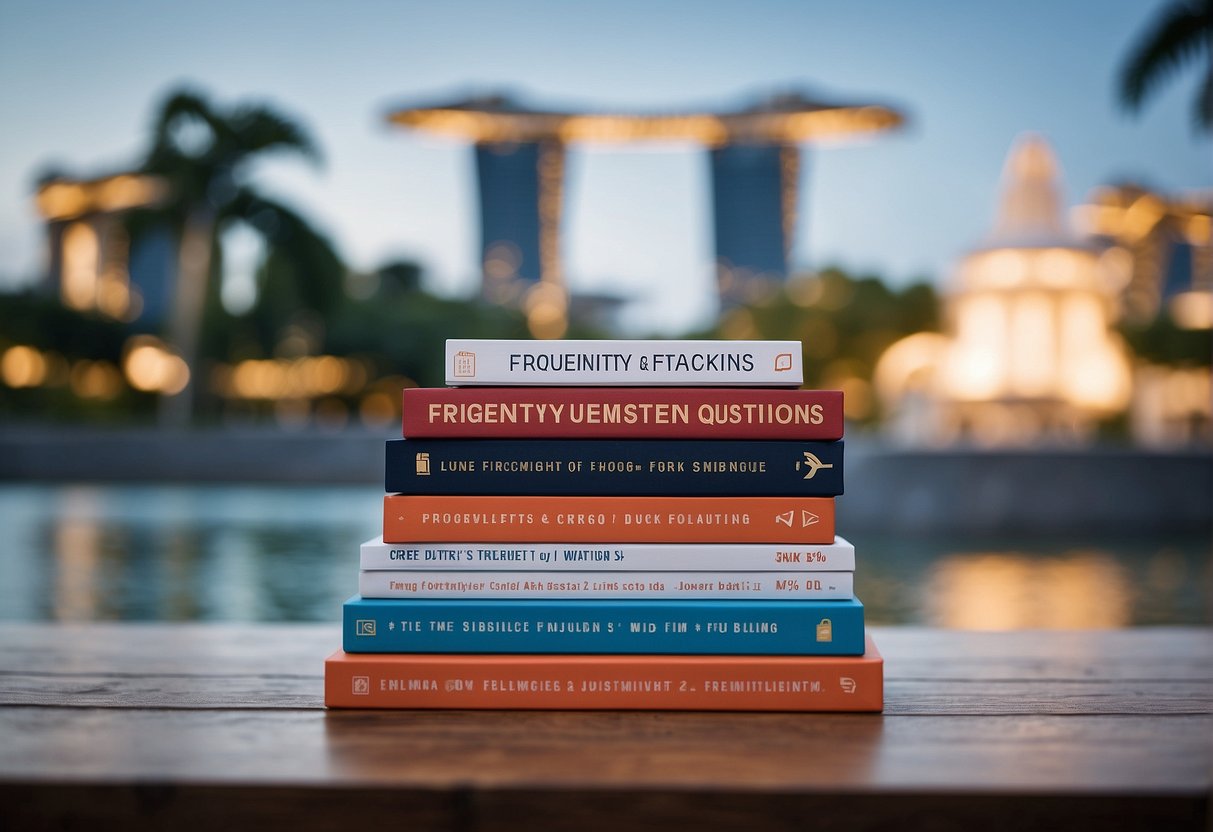 A stack of promotional materials with "Frequently Asked Questions" printed on them, set against a backdrop of iconic Singapore landmarks