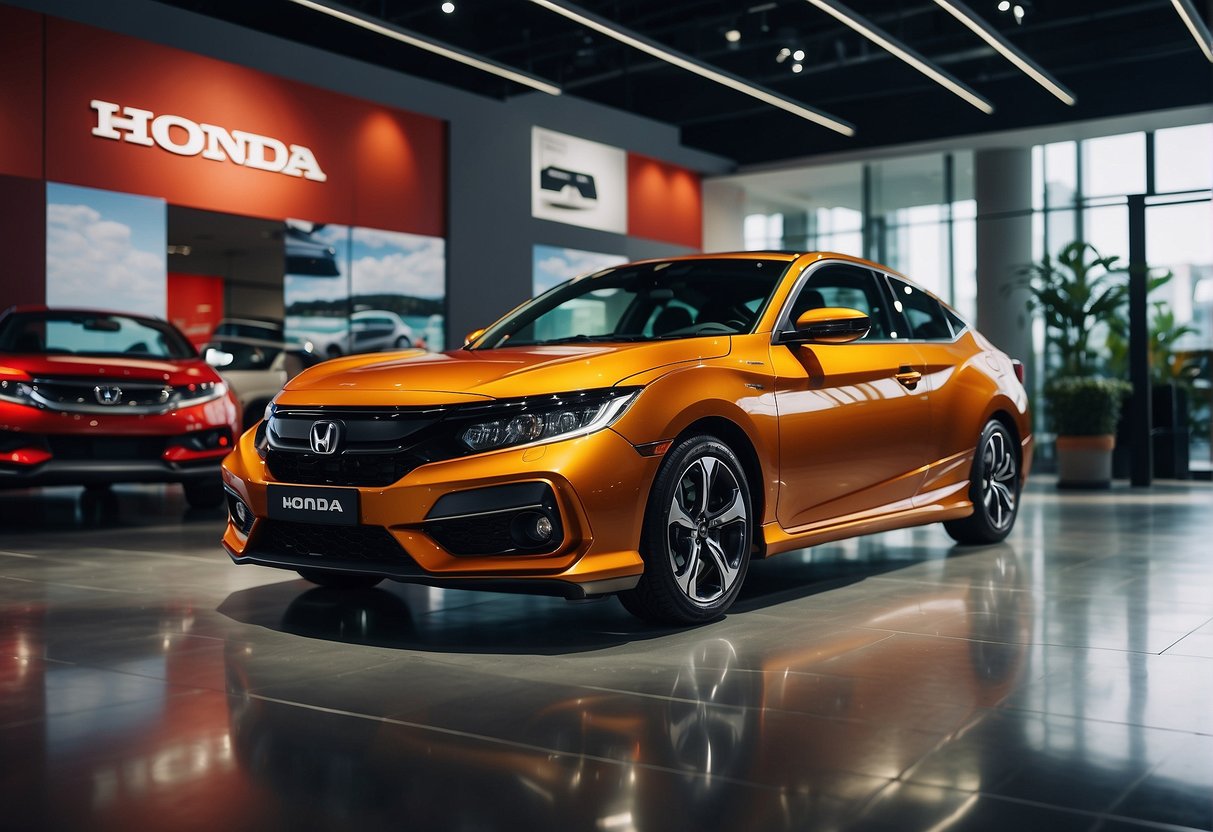 A Honda car parked in a showroom, surrounded by banners and promotional materials. The car's features and specifications are displayed on screens and brochures