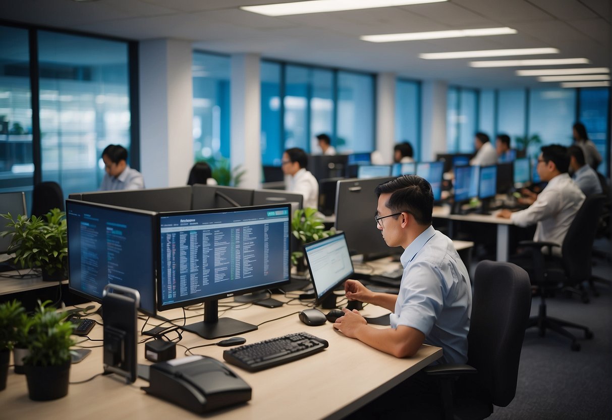 A busy office with people at desks, phones ringing, and a sign reading "Frequently Asked Questions igo promotions singapore" on the wall
