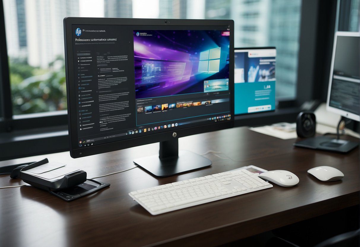 A sleek HP desktop computer sits on a clean, modern desk, surrounded by promotional materials and signage for the latest promotions in Singapore