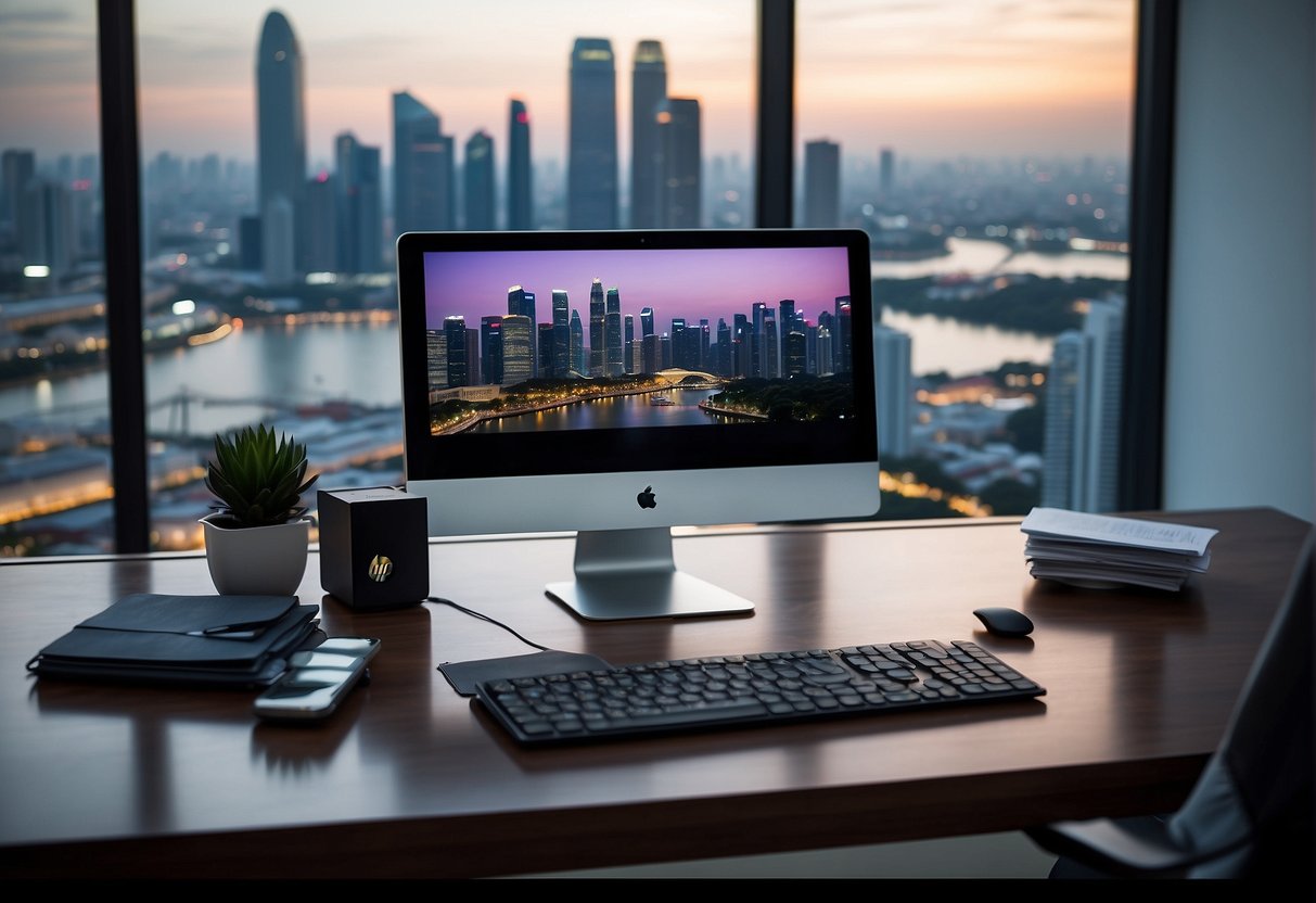 A sleek HP desktop sits on a modern desk, surrounded by promotional materials. The Singapore skyline is visible through a nearby window