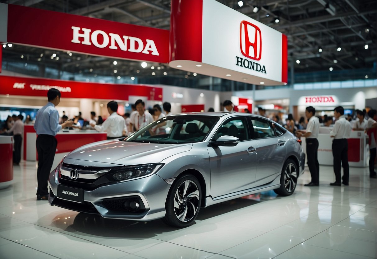 A busy Honda promotion in Singapore, with people asking questions and staff providing information. Display stands and brochures are visible