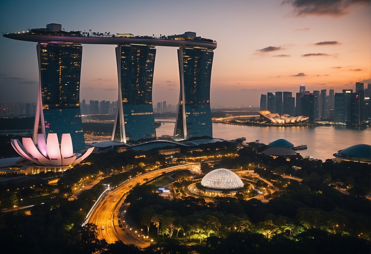 A vibrant cityscape with the iconic Singapore skyline featuring the Marina Bay Sands, Gardens by the Bay, and bustling streets below