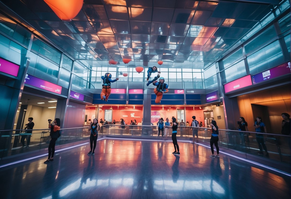 A group of people soar through the air in a futuristic indoor skydiving facility, surrounded by colorful promotional banners for iFly Singapore