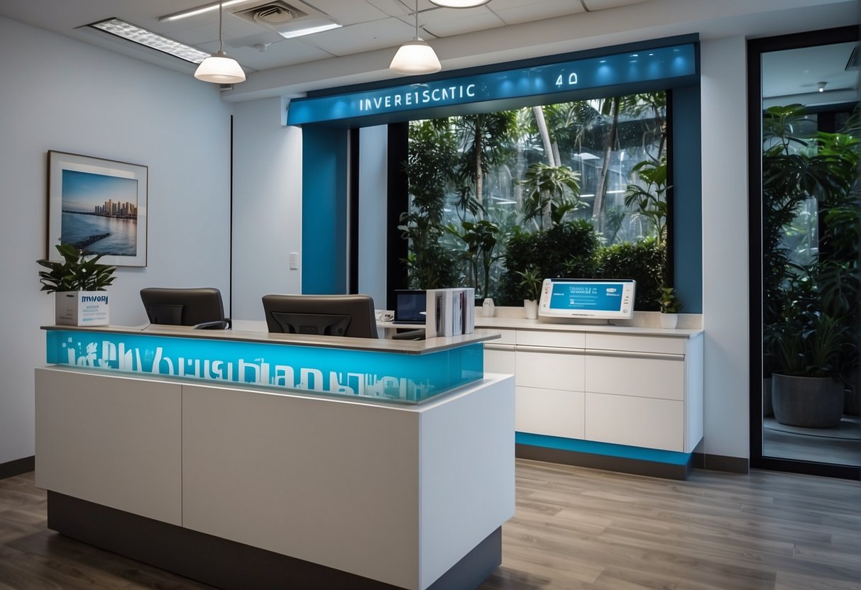 A dentist's office with a prominent display of Invisalign promotions in Singapore. Bright, modern interior with a focus on clear aligners