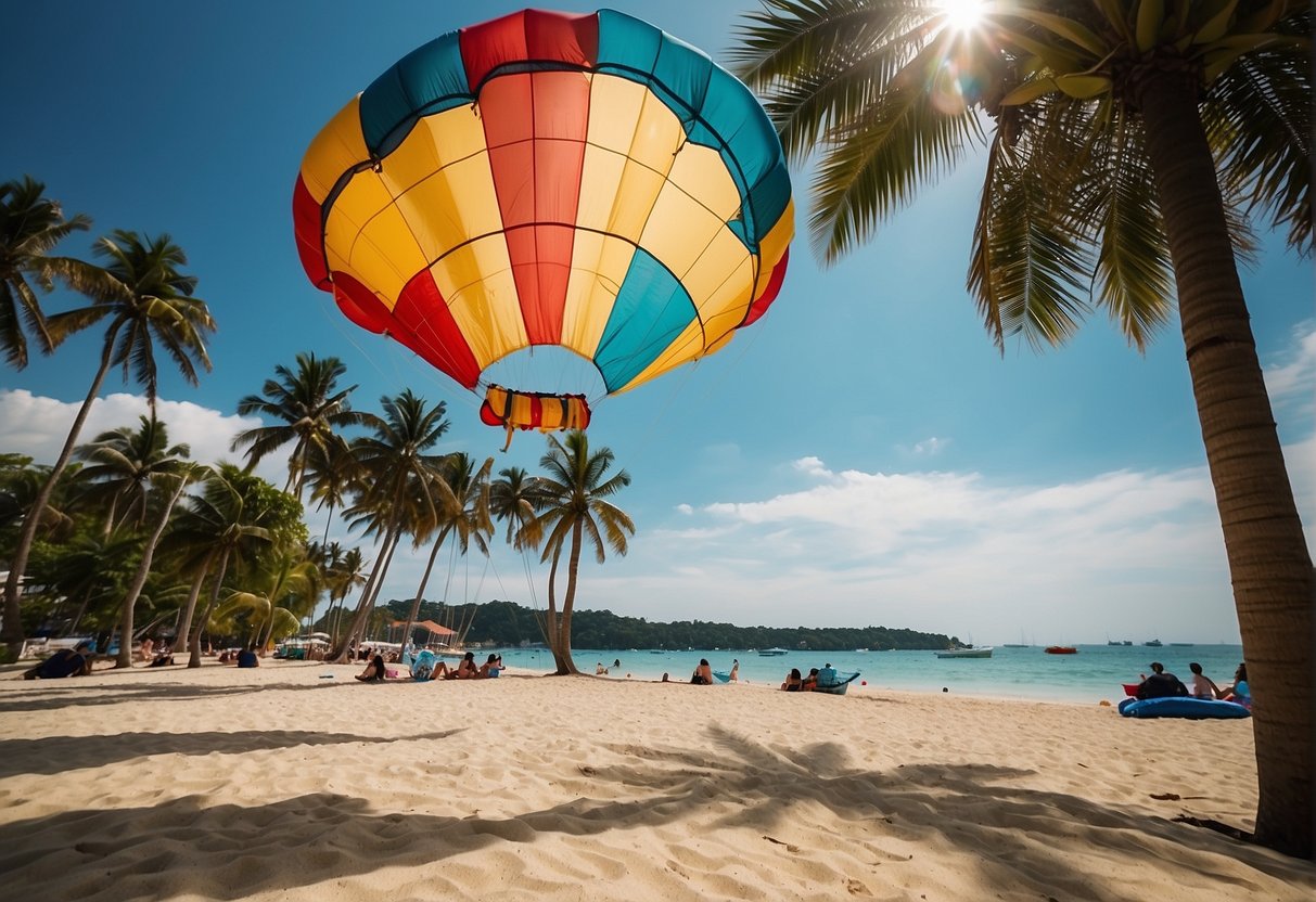 A vibrant beach scene with a clear blue sky, palm trees, and a colorful parachute floating down to the sandy shore on Sentosa Island