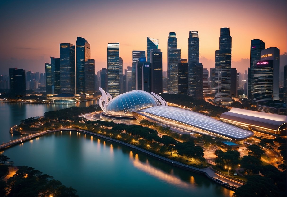 A vibrant cityscape with iconic Singapore landmarks, featuring Invisalign branding and promotional materials displayed prominently