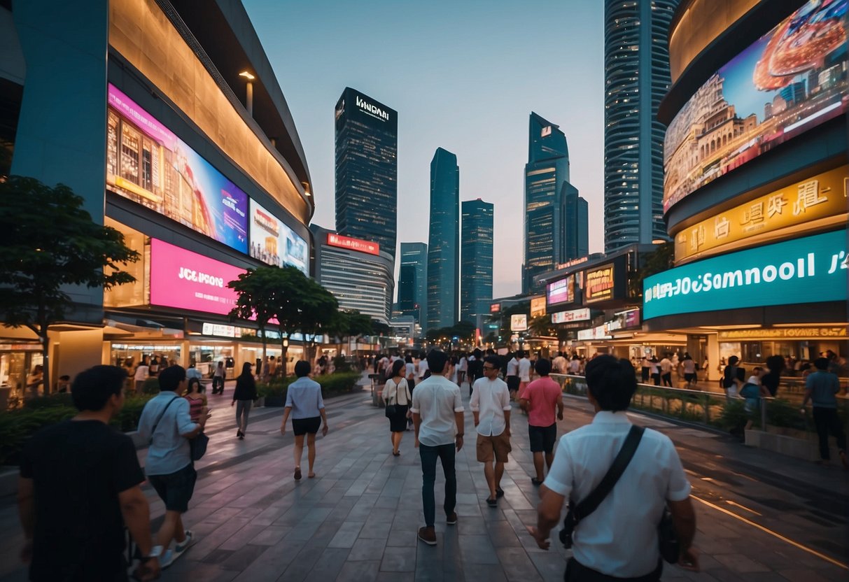 Vibrant cityscape with iconic Singapore landmarks, bustling streets, and colorful billboards for Jaan promotions