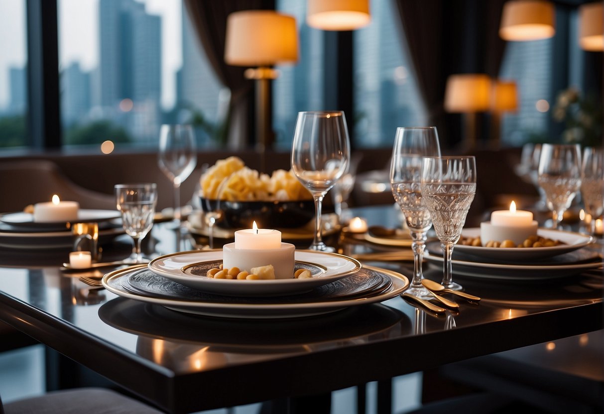 A luxurious dining setting with elegant tableware and a promotional banner for Jaan promotions in Singapore