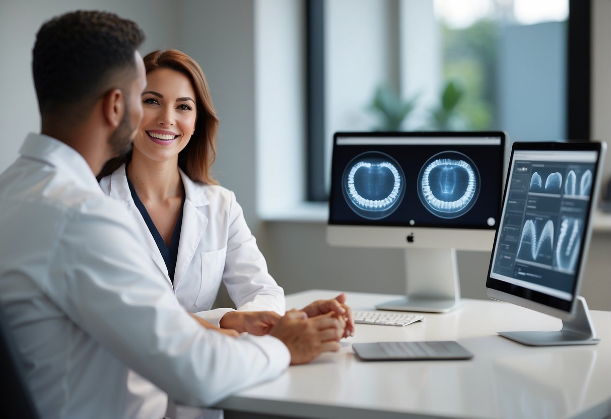 A bright, modern dental office with a focus on patient comfort and cutting-edge technology. A friendly staff member discusses Invisalign treatment benefits with a smiling patient