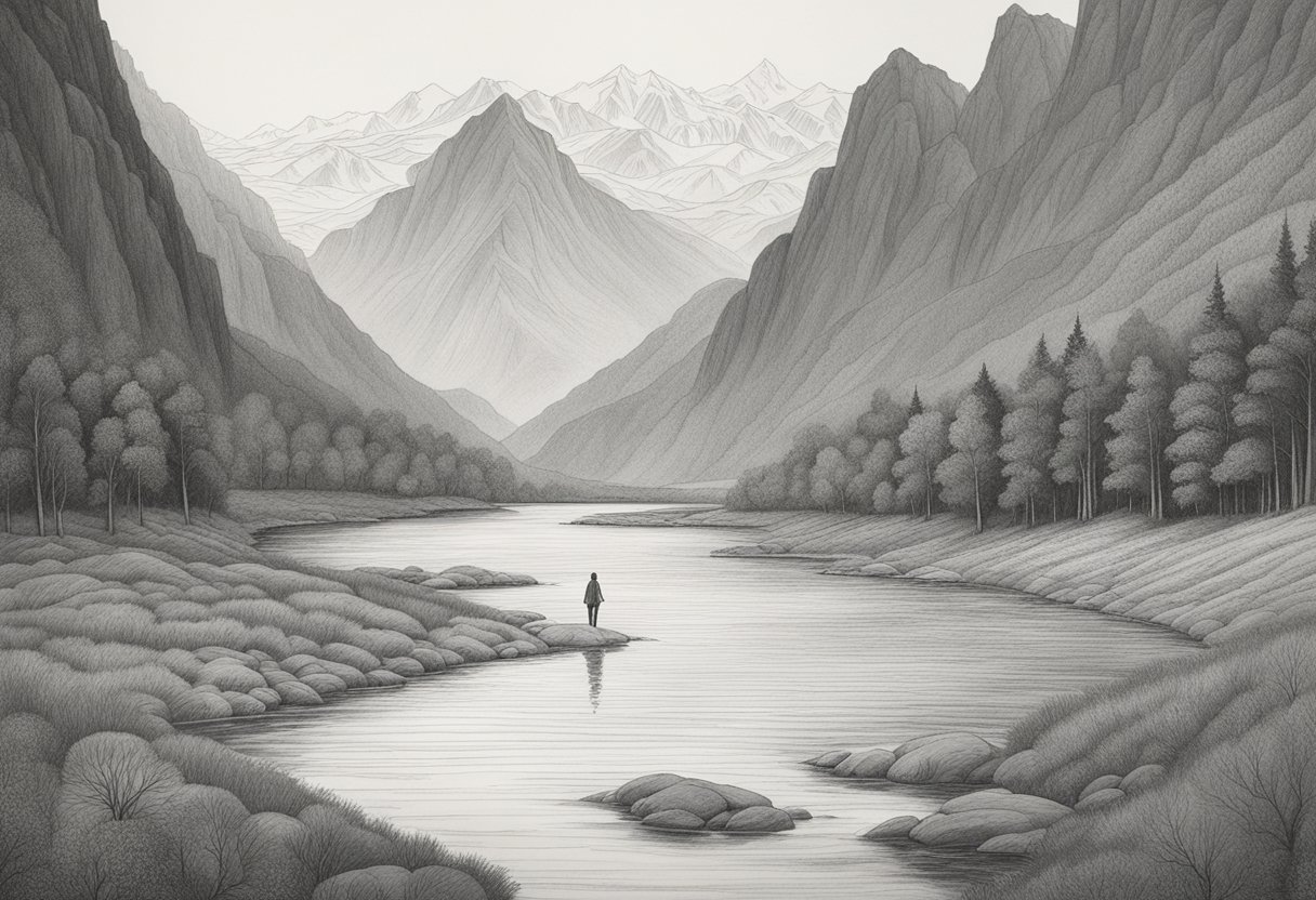 A figure stands alone in a vast landscape, surrounded by towering mountains and a serene, flowing river. The figure is small in comparison to the grandeur of the natural world around them
