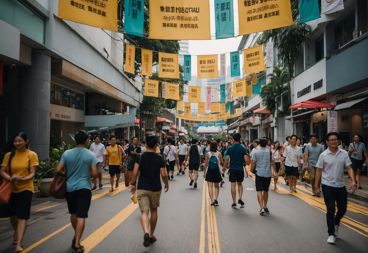 A bustling city street with colorful banners and signs promoting youth events in Singapore. Pedestrians walk by, and the atmosphere is vibrant and energetic