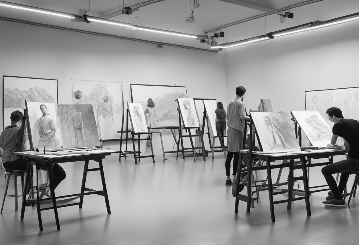 A figure drawing class with easels, drawing boards, and a model stand in a well-lit studio