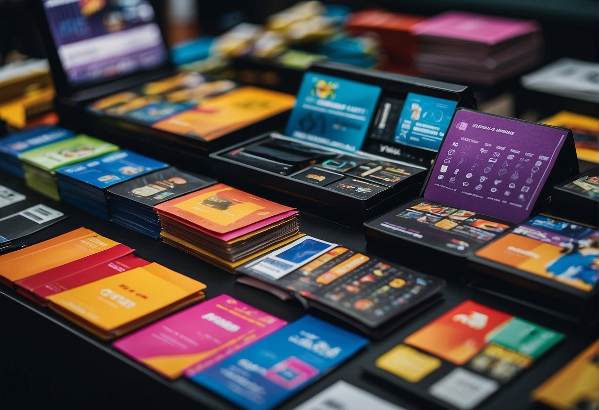 A colorful display of promotional materials and products at a Singaporean youth event