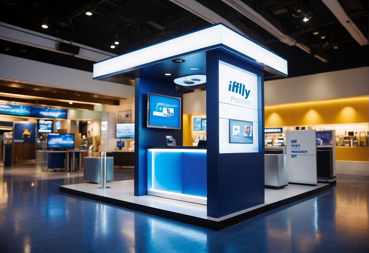 A bright and modern promotional booth with a clear sign "Frequently Asked Questions ifly promotions Singapore" displayed prominently