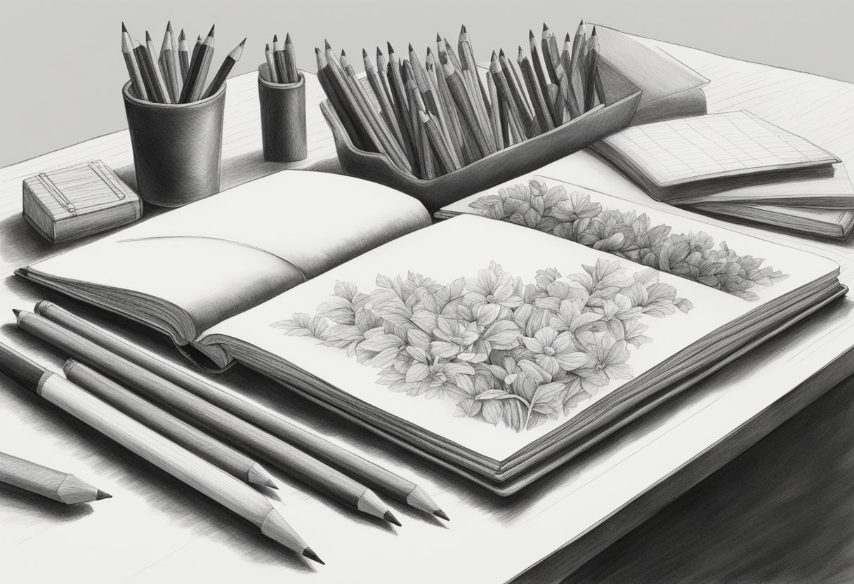 A table with a variety of pencils, erasers, and a sketchbook open to a blank page