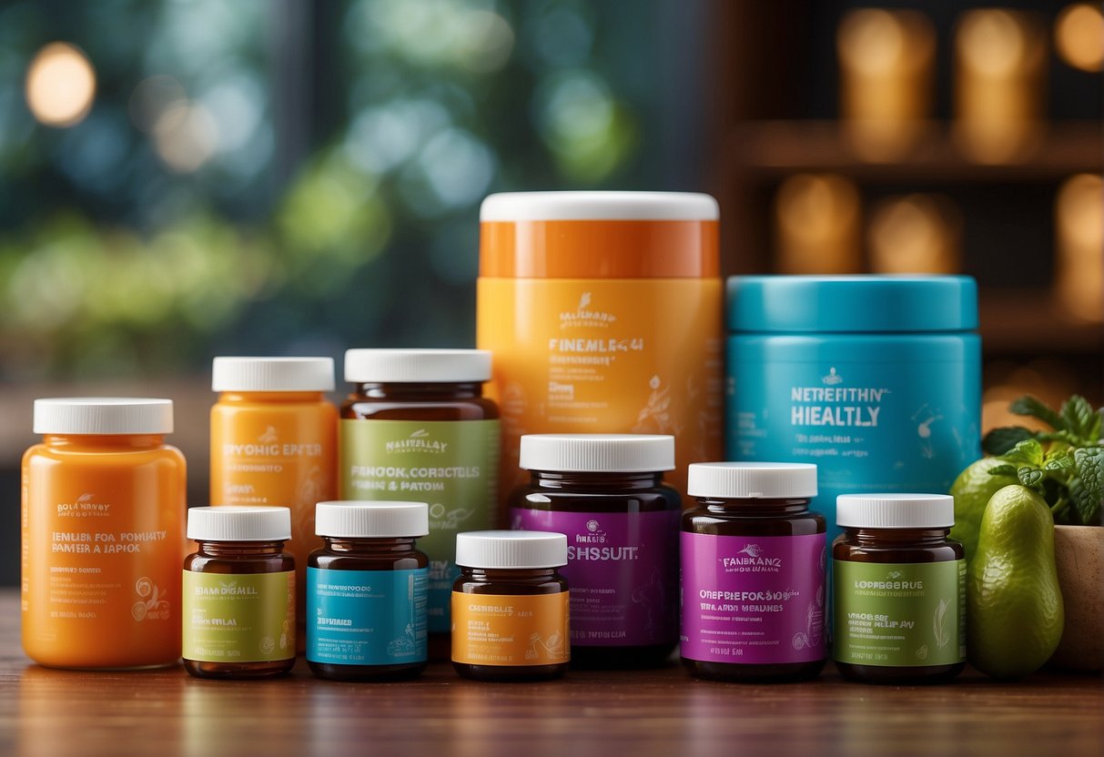 A vibrant, colorful display featuring various health and wellness products, with a focus on promoting a healthy lifestyle