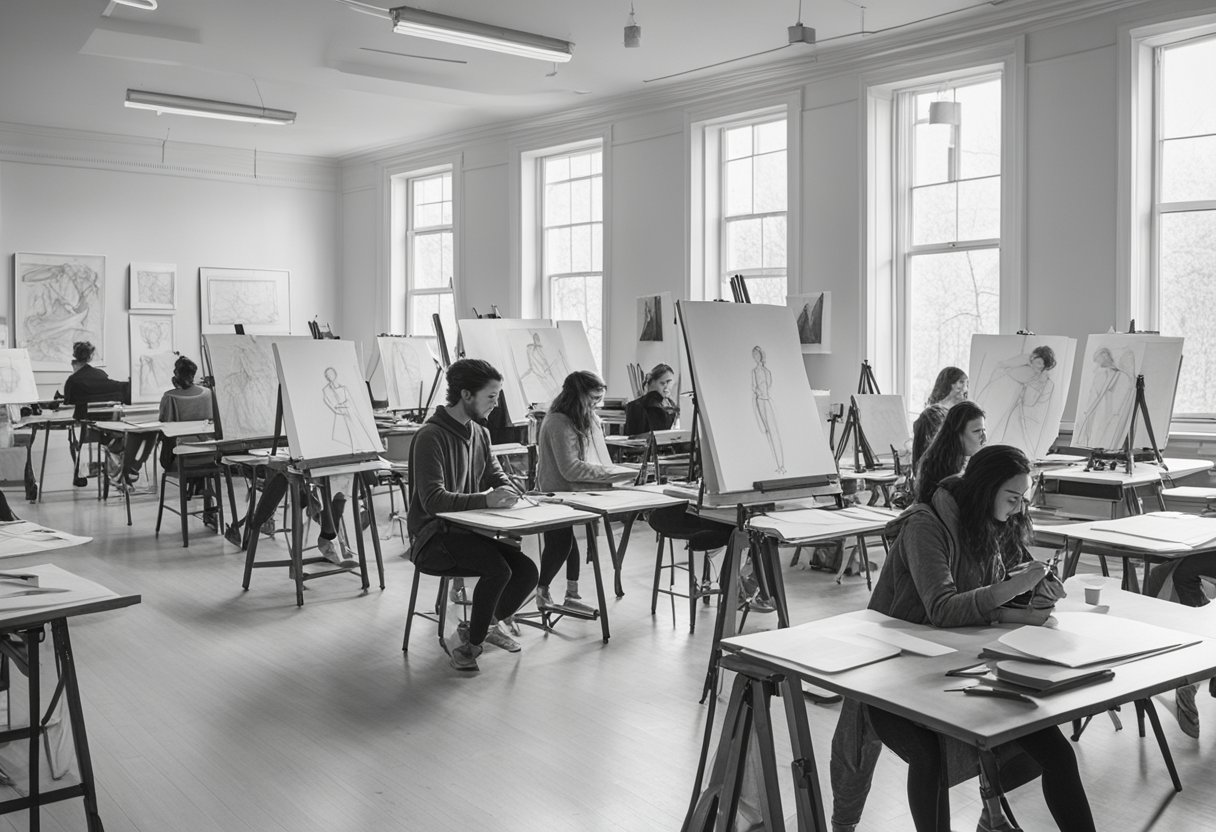 A figure drawing class with easels, art supplies, and a model stand in the center of the room. Students are focused on their sketches, capturing the form and gesture of the model