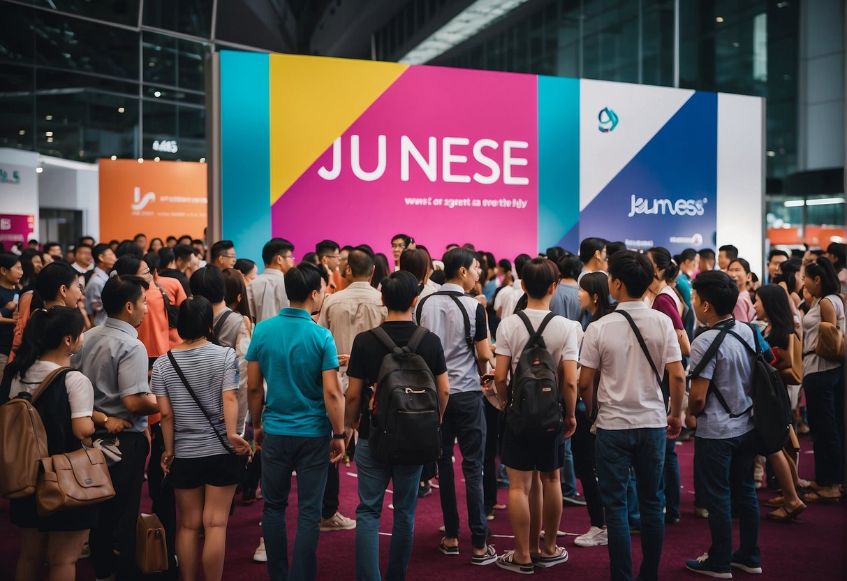 A crowd gathers around a promotional booth in Singapore, with people eagerly asking questions about jeunesse products. The booth is filled with colorful banners and promotional materials