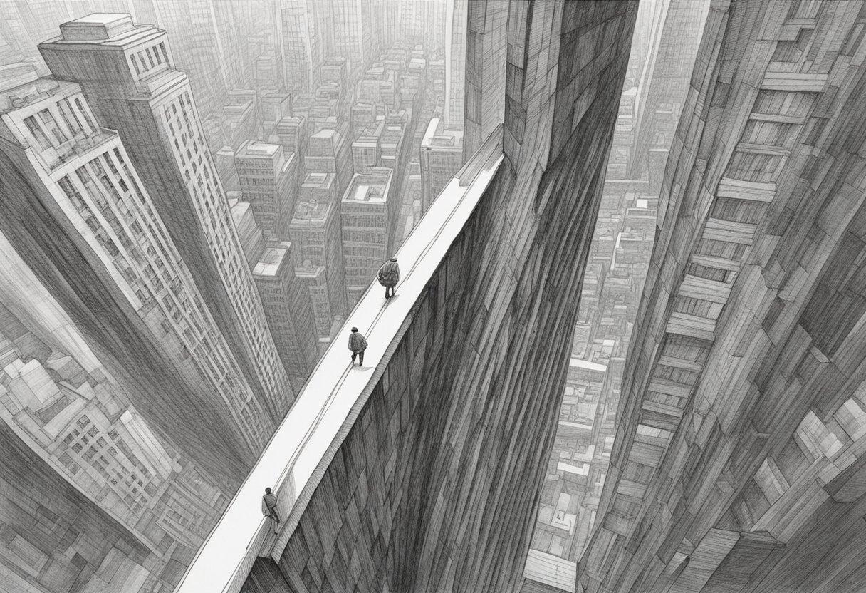 A figure standing at the edge of a tall building, looking down at the city below. The building's lines converge towards a vanishing point