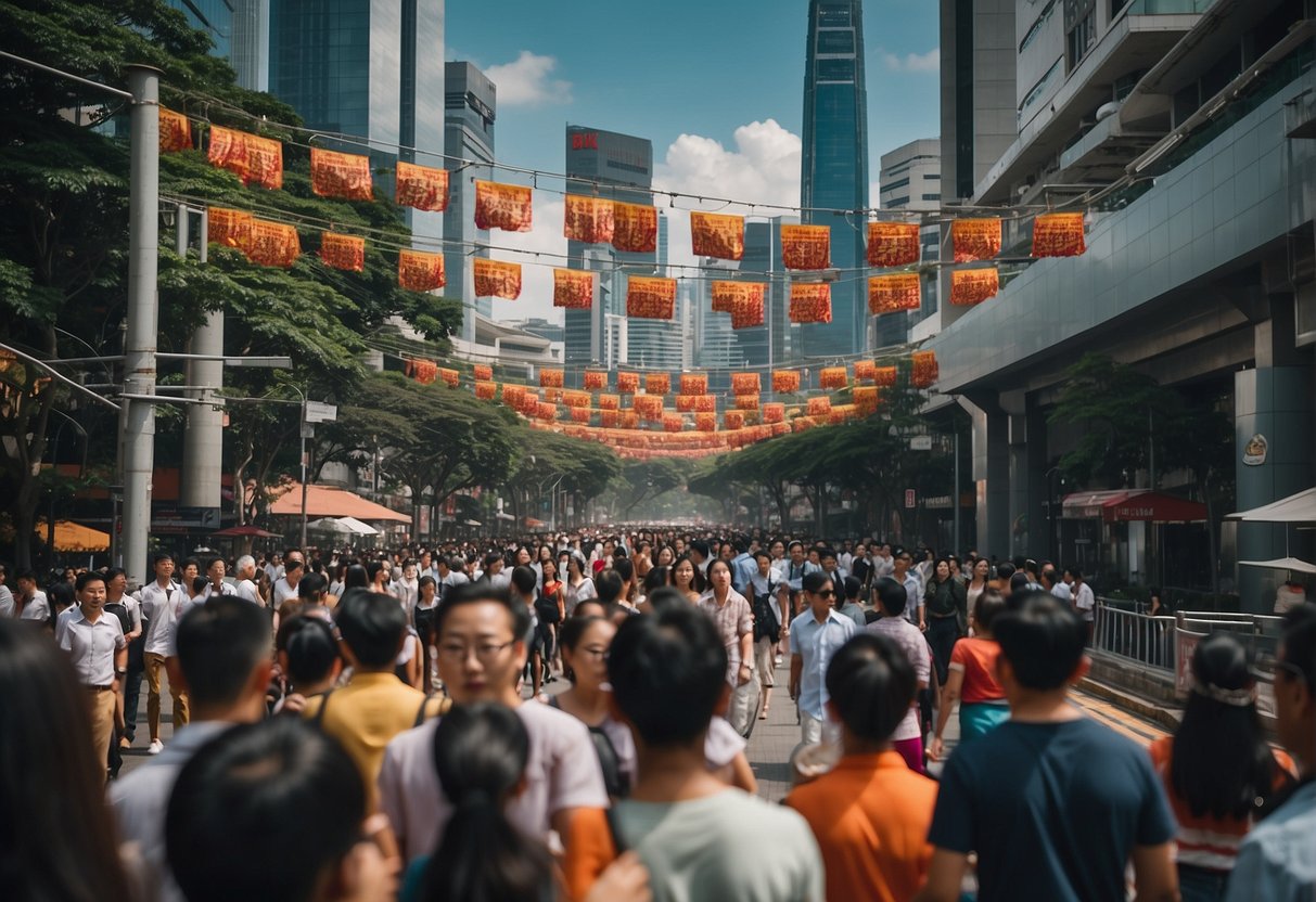 A bustling city street with colorful banners and a crowd of people passing by. The iconic skyline of Singapore in the background
