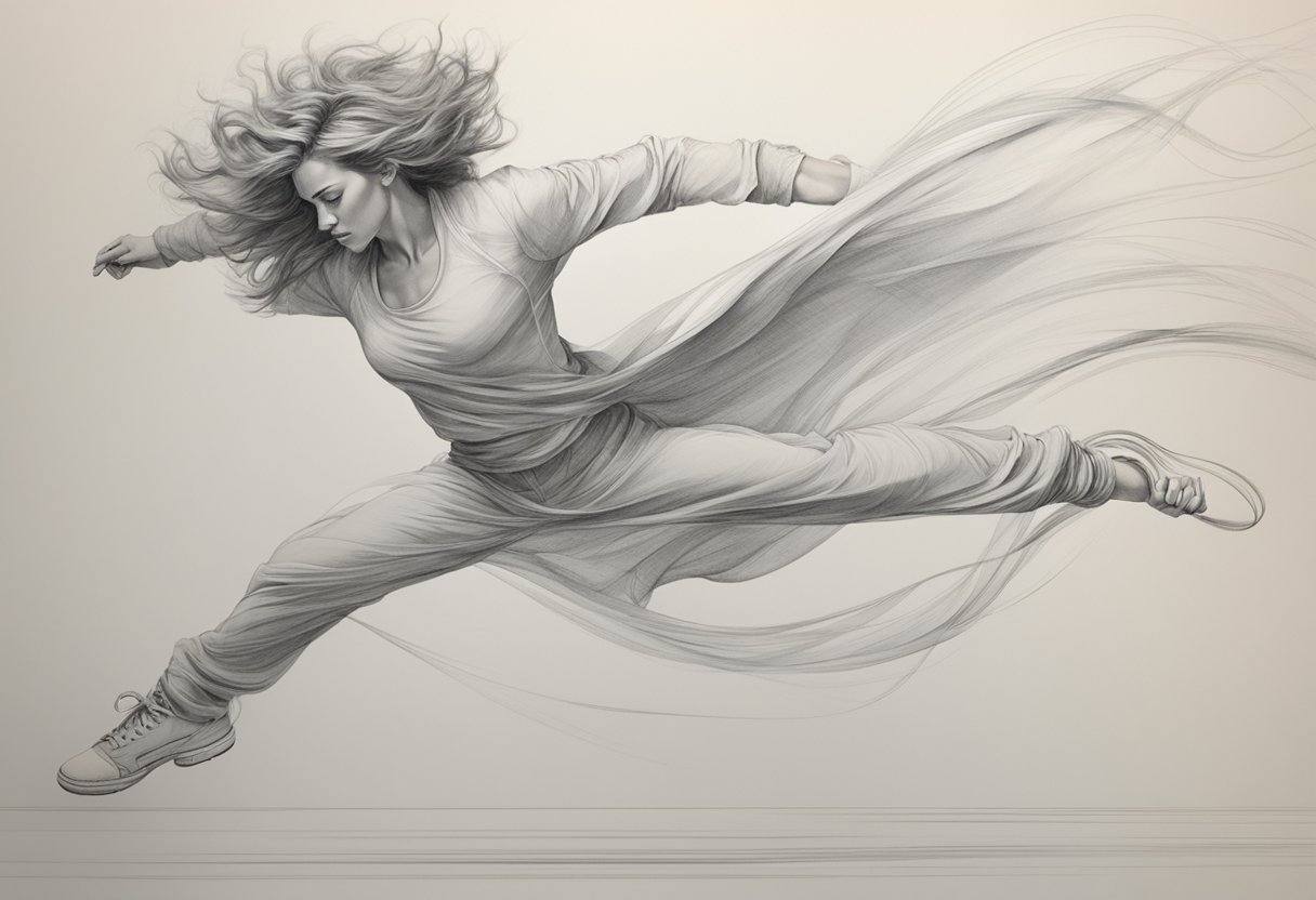 A figure in mid-leap, hair and clothing flowing, with a sense of dynamic energy and motion