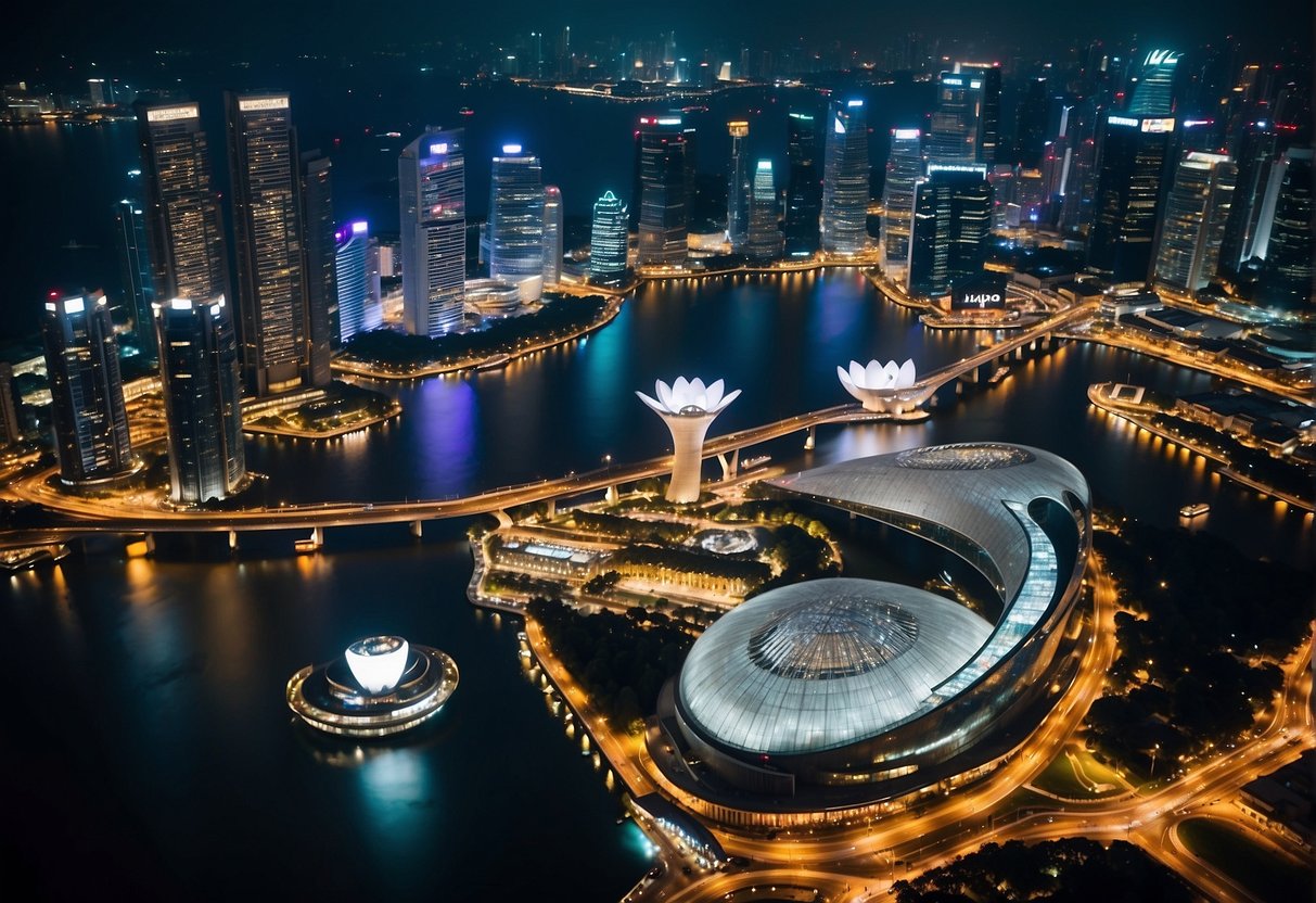 A vibrant cityscape with iconic landmarks and bright lights, showcasing the energy and excitement of Singapore's J65 promotions