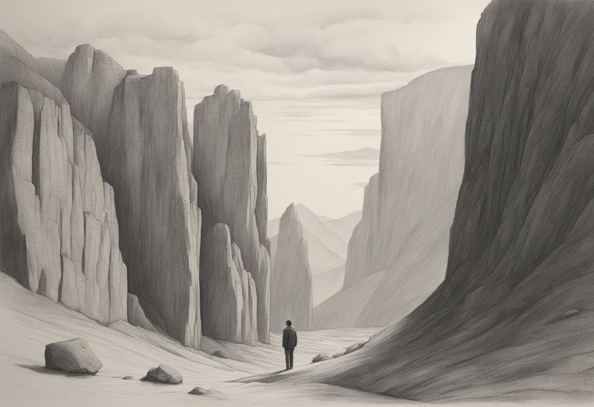 A figure stands alone in a desolate landscape, surrounded by towering cliffs and a brooding sky. The figure's posture suggests a sense of isolation and contemplation
