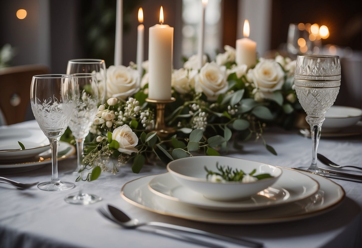 A table set with elegant dinnerware and glasses, adorned with fresh flowers and flickering candles, in a sophisticated dining room